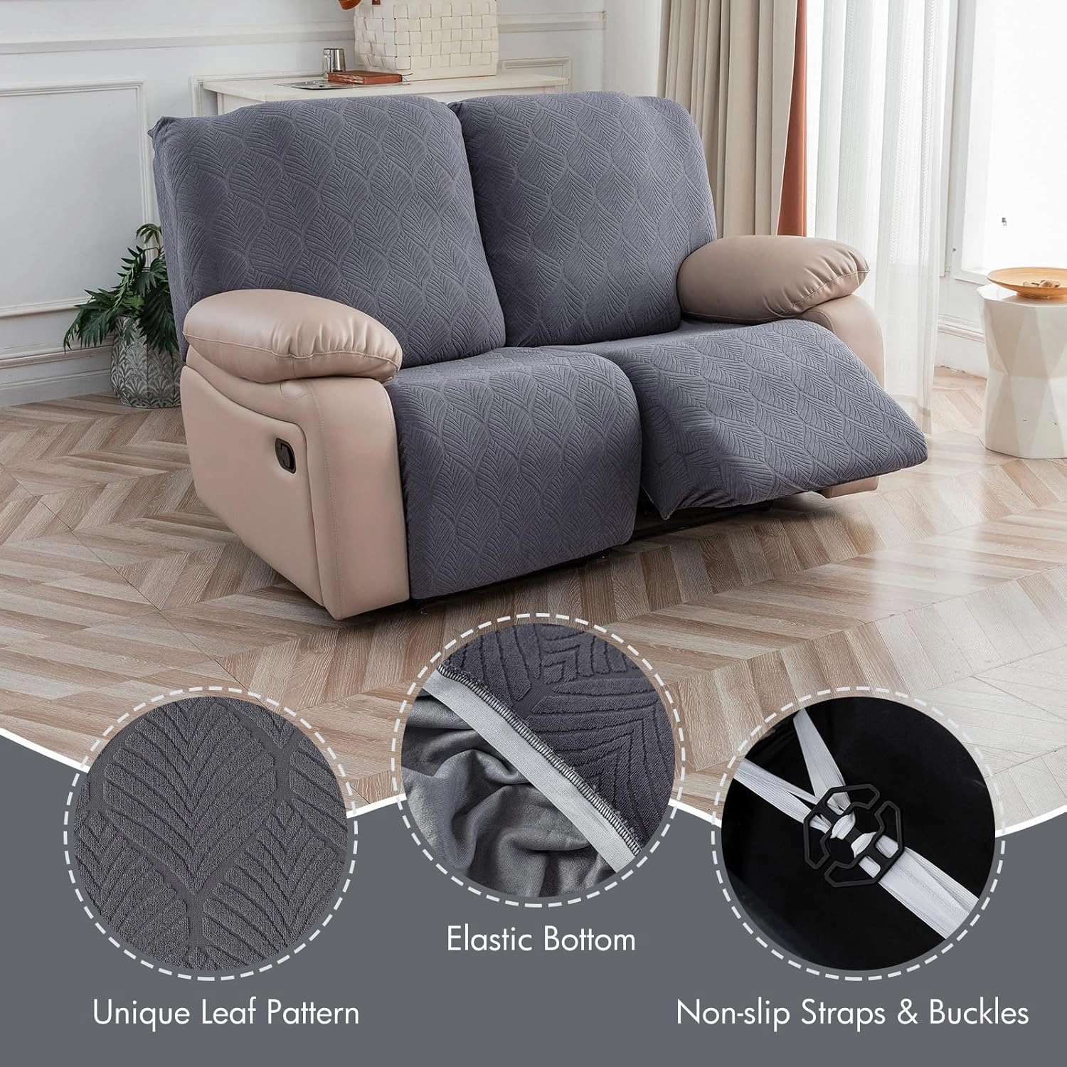 100% Waterproof Recliner Loveseat Cover, 2 Pieces Stretch Recliner Sofa Slipcovers Washable Couch Cover Furniture Covers for Pets, Dogs, Kids (Dark Gray, 2 Seater)