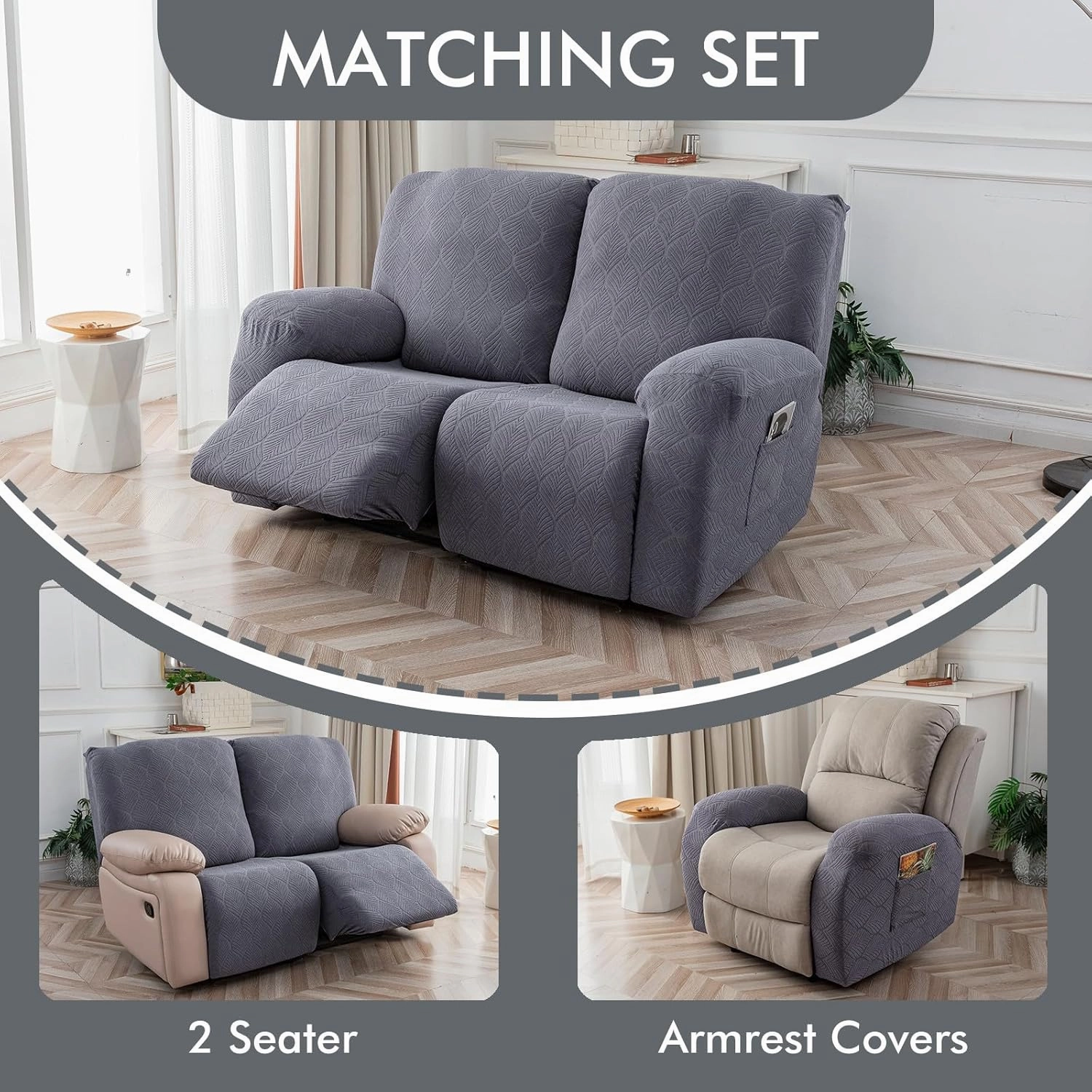 100% Waterproof Recliner Loveseat Cover, 2 Pieces Stretch Recliner Sofa Slipcovers Washable Couch Cover Furniture Covers for Pets, Dogs, Kids (Dark Gray, 2 Seater)