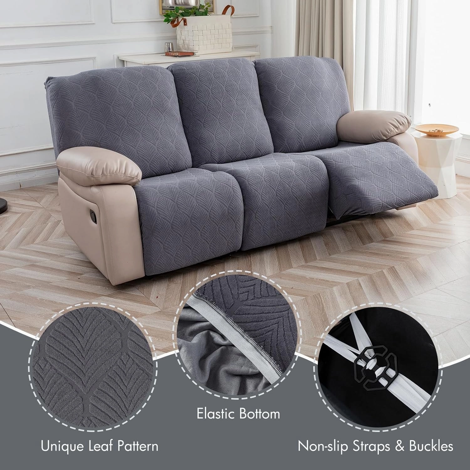 100% Waterproof Recliner Sofa Slipcovers, 3 Pieces Stretch Reclining Couch Covers for 3 Cushion Couch Sofa Pet Friendly Washable Furniture Covers for Dogs, Pets, Kids (Dark Gray, 3 Seater)