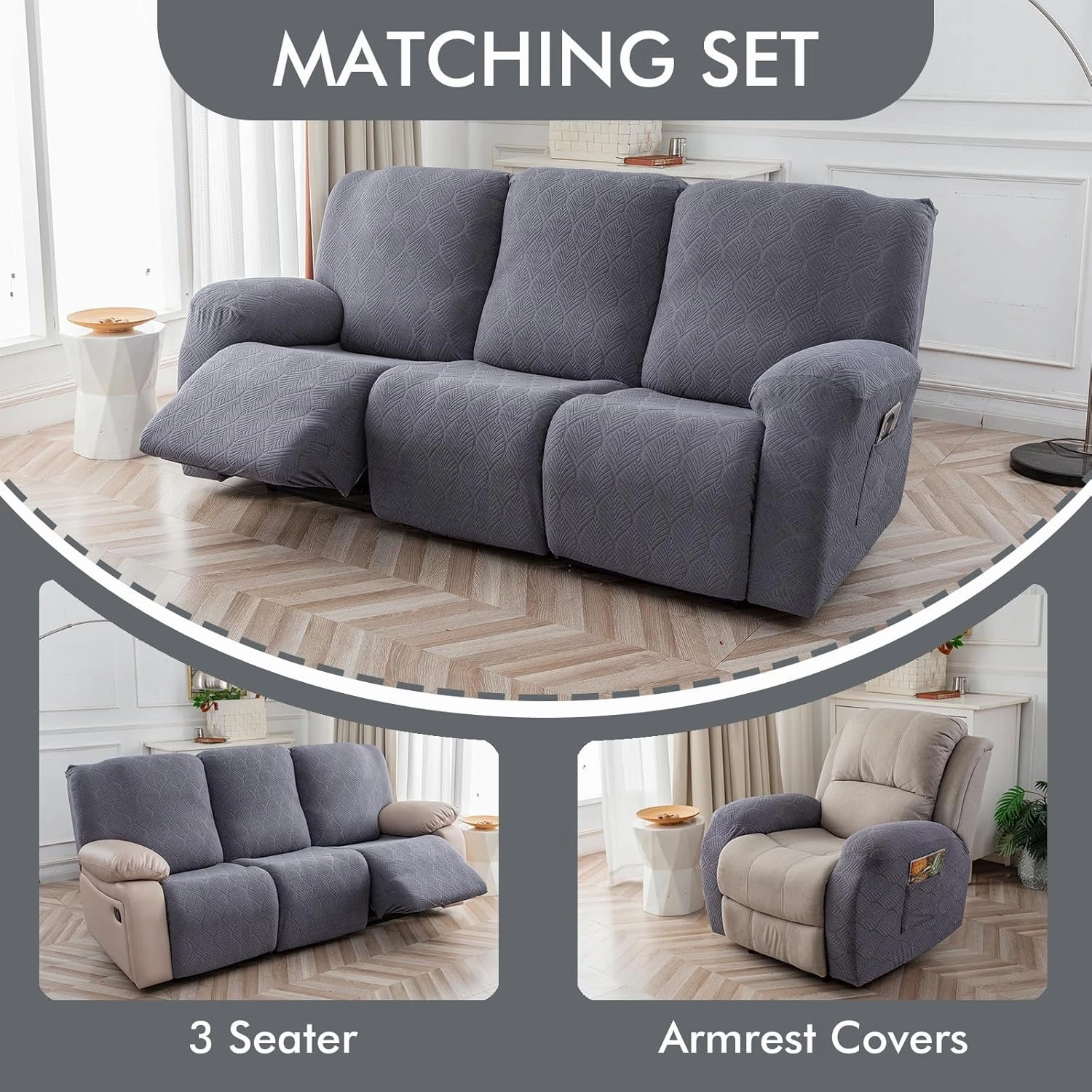 100% Waterproof Recliner Sofa Slipcovers, 3 Pieces Stretch Reclining Couch Covers for 3 Cushion Couch Sofa Pet Friendly Washable Furniture Covers for Dogs, Pets, Kids (Dark Gray, 3 Seater)
