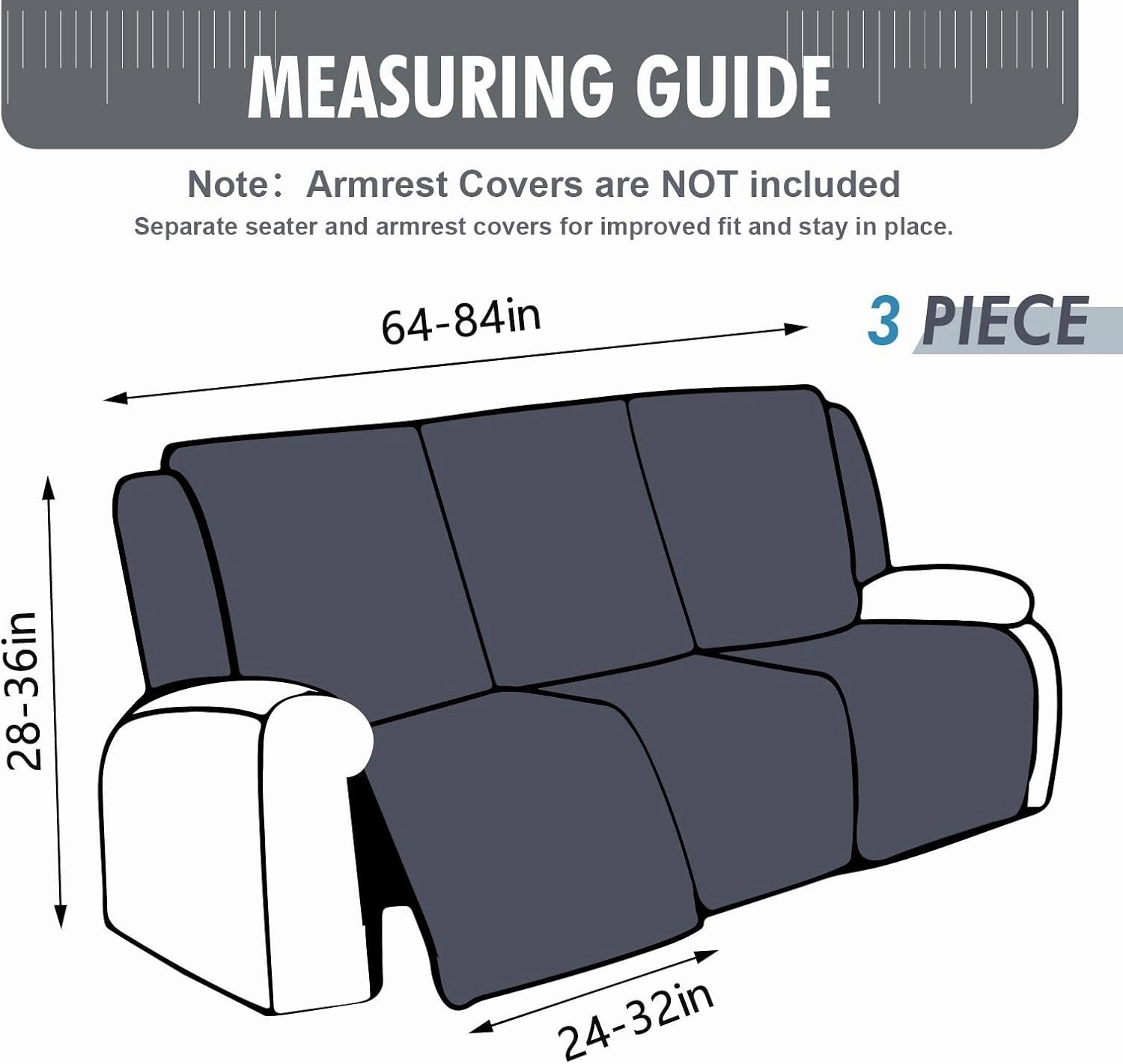100% Waterproof Recliner Sofa Slipcovers, 3 Pieces Stretch Reclining Couch Covers for 3 Cushion Couch Sofa Pet Friendly Washable Furniture Covers for Dogs, Pets, Kids (Dark Gray, 3 Seater)