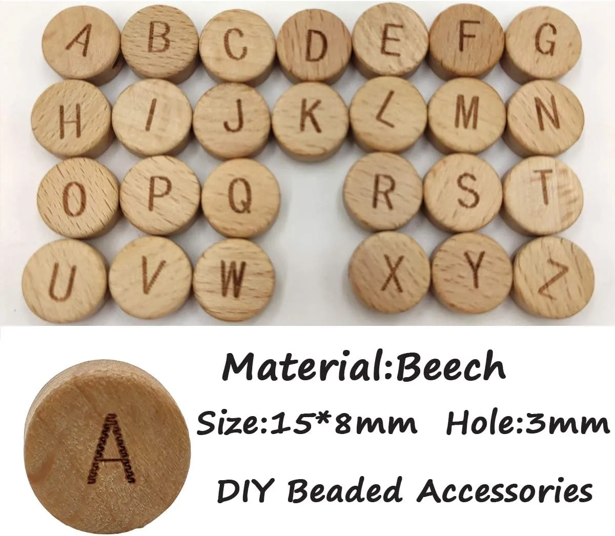 104pcs Oblate Wooden Alphabet Beads and Safe Letter Loose Beads for Keychain Unfinished Beech Round Wood chip DIY Beading Accessories for Craft Jewelry Making (Letter Beads 104pcs)