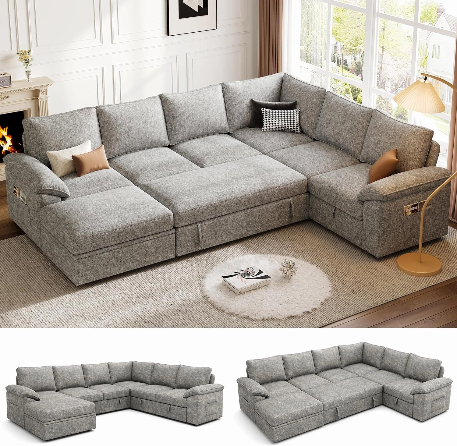 108 Inch Sectional Sleeper Sofa with Pull Out Bed, U Shaped 7 Seat Modular Sectional Sofa with Storage, Sectional Couches for Living Room, Cloud Modular Couch, Removable Sofa Cover, Light Gray