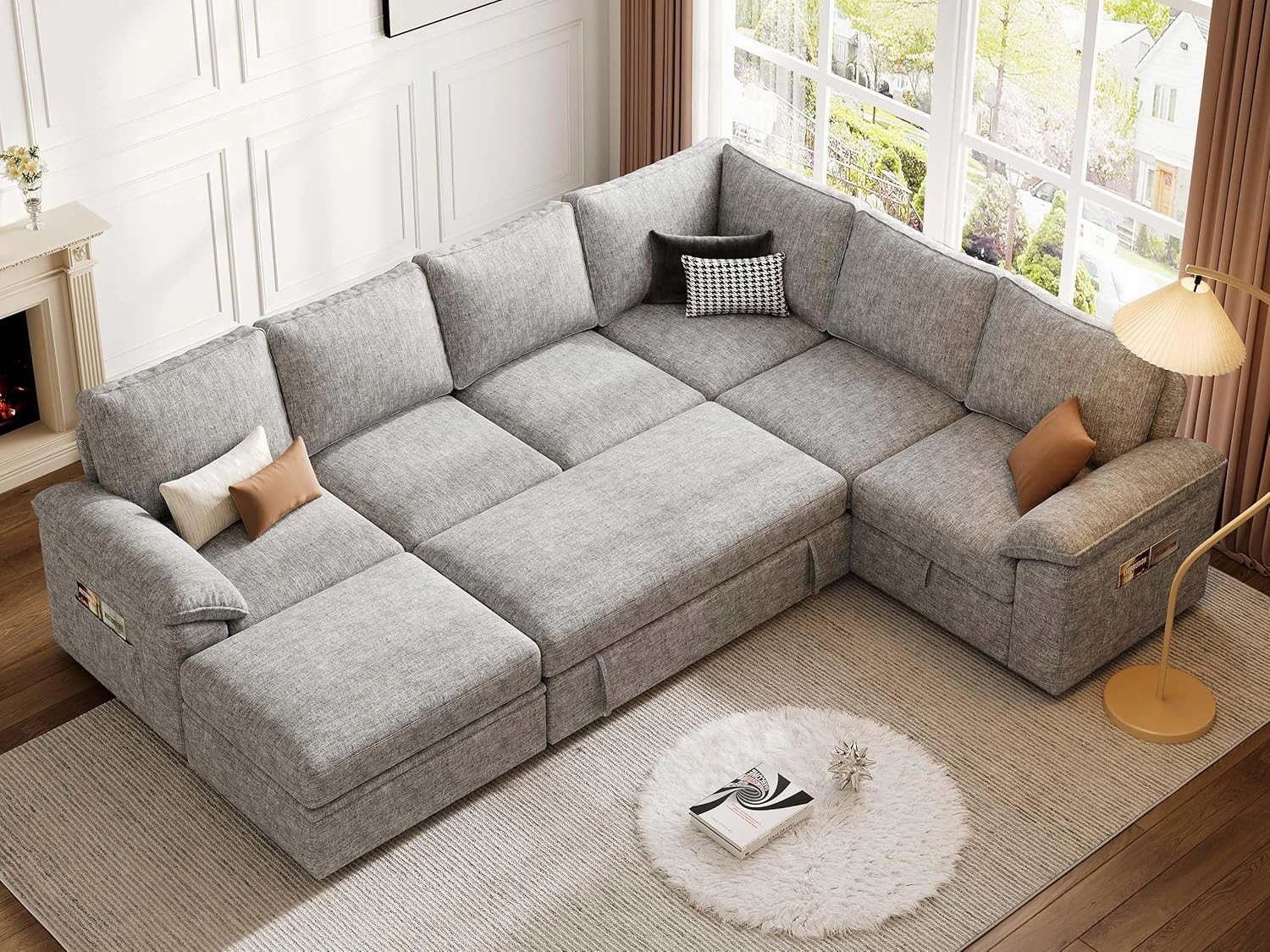 108 Inch Sectional Sleeper Sofa with Pull Out Bed, U Shaped 7 Seat Modular Sectional Sofa with Storage, Sectional Couches for Living Room, Cloud Modular Couch, Removable Sofa Cover, Light Gray