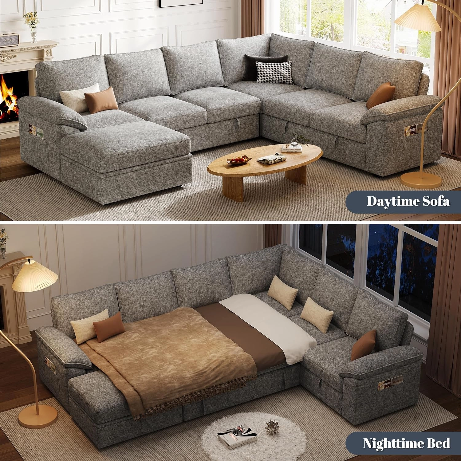 108 Inch Sectional Sleeper Sofa with Pull Out Bed, U Shaped 7 Seat Modular Sectional Sofa with Storage, Sectional Couches for Living Room, Cloud Modular Couch, Removable Sofa Cover, Light Gray