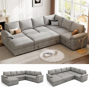 108 Inch Sectional Sleeper Sofa with Pull Out Bed, U Shaped 7 Seat Modular Sectional Sofa with Storage, Sectional Couches for Living Room, Cloud Modular Couch, Removable Sofa Cover, Light Gray