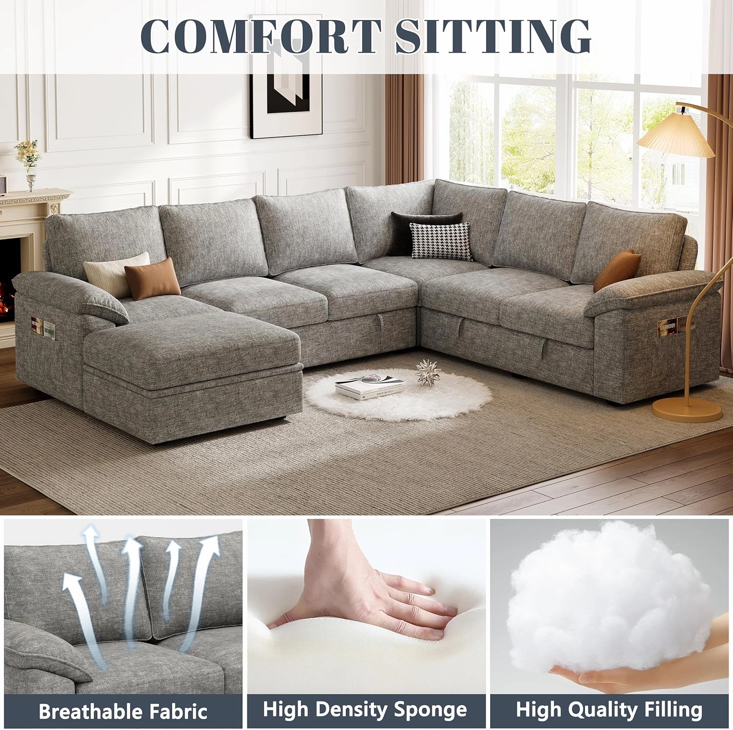 108 Inch Sectional Sleeper Sofa with Pull Out Bed, U Shaped 7 Seat Modular Sectional Sofa with Storage, Sectional Couches for Living Room, Cloud Modular Couch, Removable Sofa Cover, Light Gray