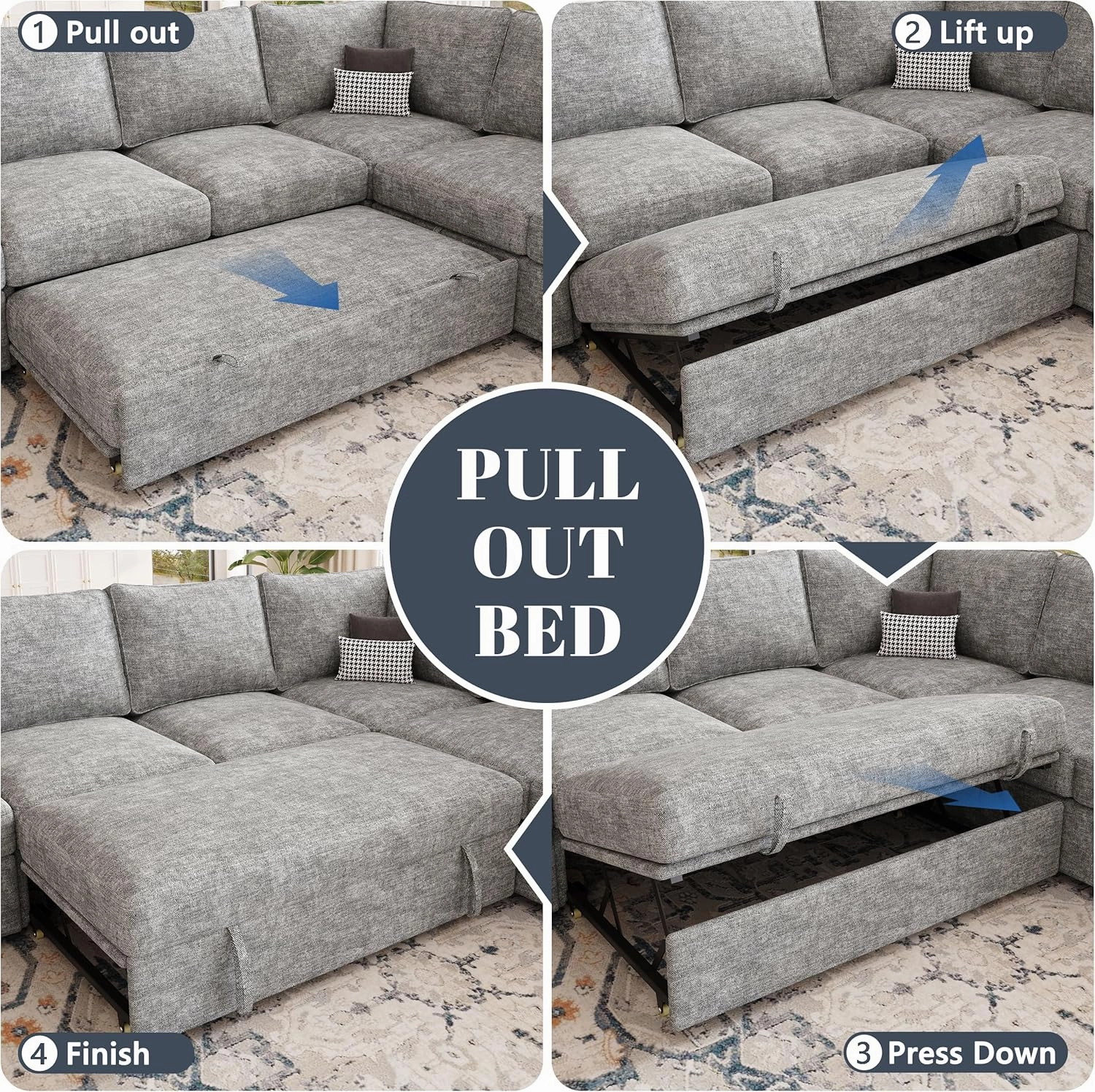 108 Inch Sectional Sleeper Sofa with Pull Out Bed, U Shaped 7 Seat Modular Sectional Sofa with Storage, Sectional Couches for Living Room, Cloud Modular Couch, Removable Sofa Cover, Light Gray