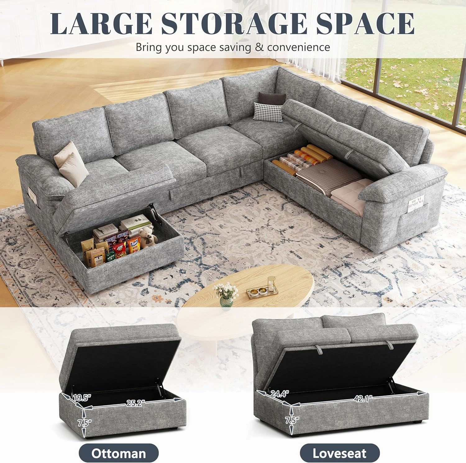 108 Inch Sectional Sleeper Sofa with Pull Out Bed, U Shaped 7 Seat Modular Sectional Sofa with Storage, Sectional Couches for Living Room, Cloud Modular Couch, Removable Sofa Cover, Light Gray