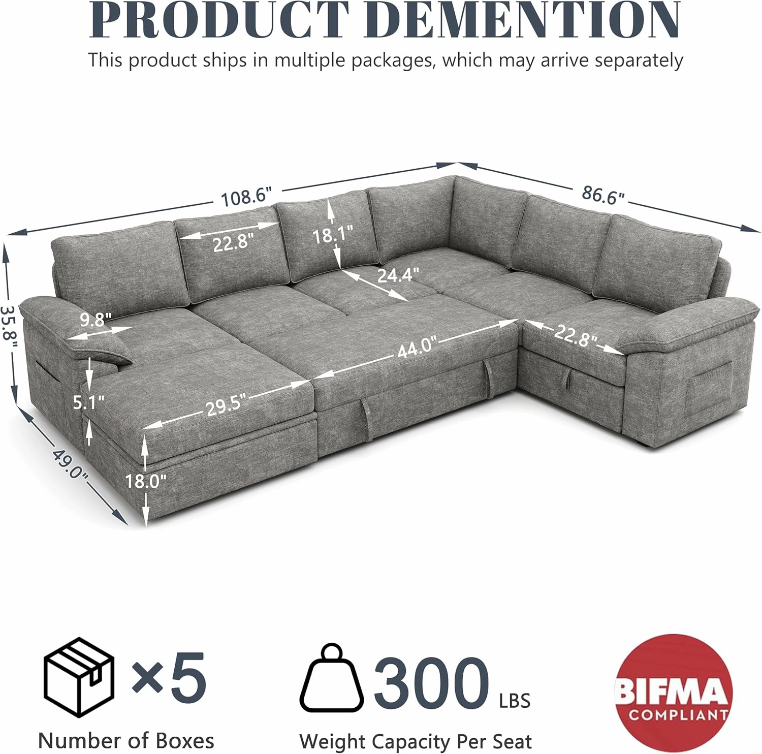 108 Inch Sectional Sleeper Sofa with Pull Out Bed, U Shaped 7 Seat Modular Sectional Sofa with Storage, Sectional Couches for Living Room, Cloud Modular Couch, Removable Sofa Cover, Light Gray