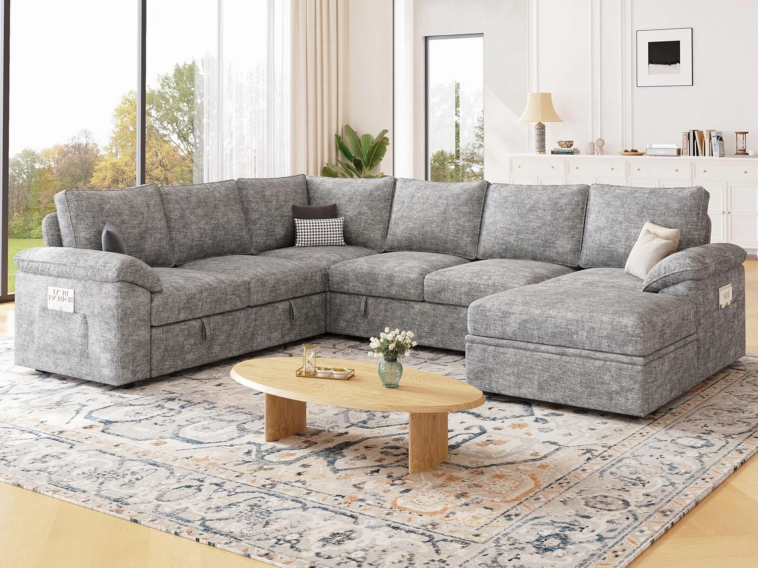 108 Inch Sectional Sleeper Sofa with Pull Out Bed, U Shaped 7 Seat Modular Sectional Sofa with Storage, Sectional Couches for Living Room, Cloud Modular Couch, Removable Sofa Cover, Light Gray