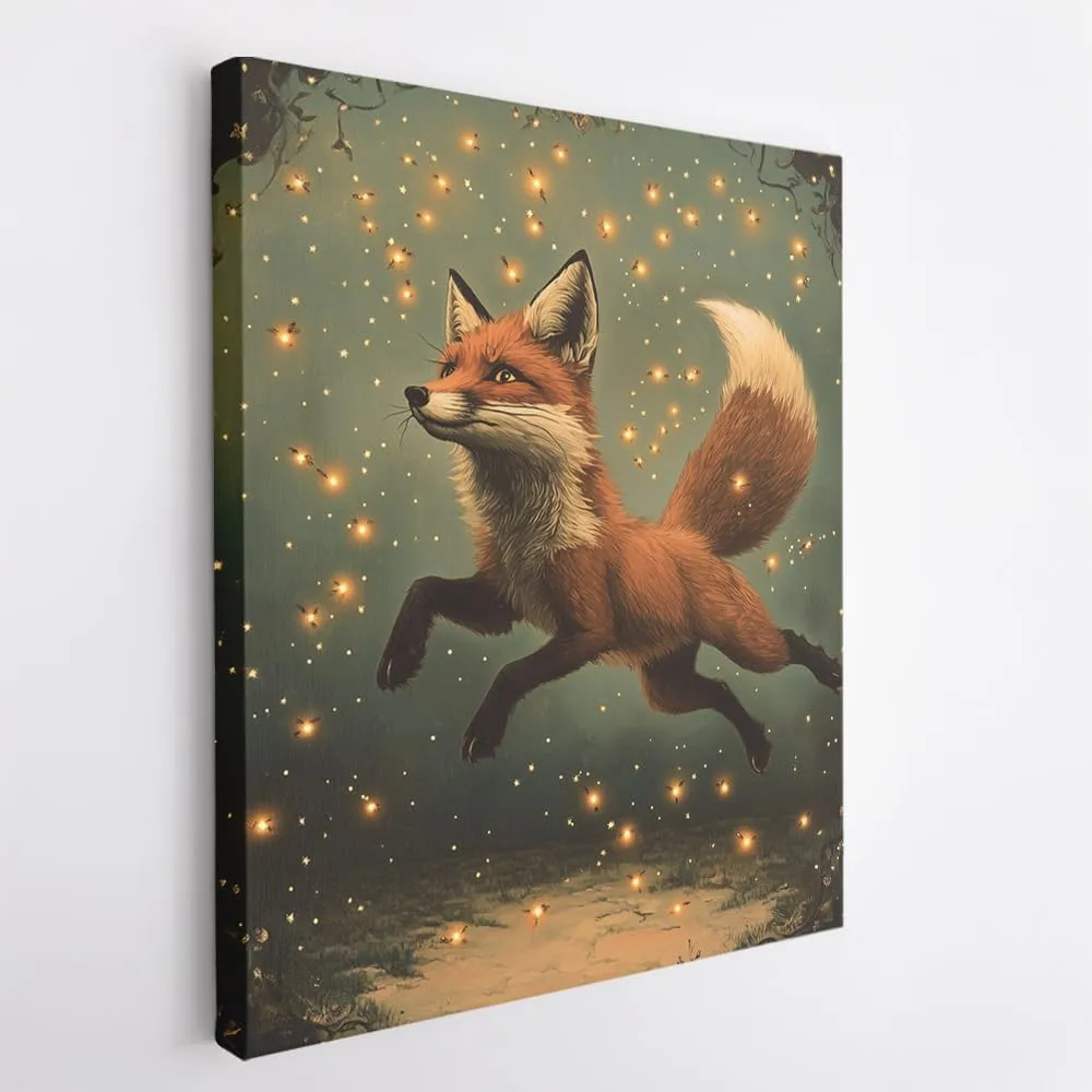(11 x 14 x 1.25 IN) Gallery Wrapped Canvas Wall Art Print of Dada Poster of a Fox Playfully Chasing Fireflies in a Twilight Dreamscape with Celestial Stars - Whimsical Animal Wall A - 925UNCA0k44620WH