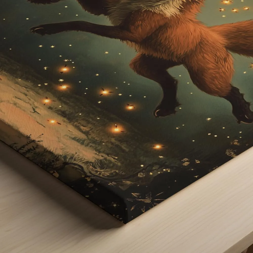 (11 x 14 x 1.25 IN) Gallery Wrapped Canvas Wall Art Print of Dada Poster of a Fox Playfully Chasing Fireflies in a Twilight Dreamscape with Celestial Stars - Whimsical Animal Wall A - 925UNCA0k44620WH