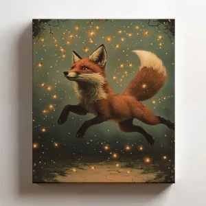 (11 x 14 x 1.25 IN) Gallery Wrapped Canvas Wall Art Print of Dada Poster of a Fox Playfully Chasing Fireflies in a Twilight Dreamscape with Celestial Stars - Whimsical Animal Wall A - 925UNCA0k44620WH