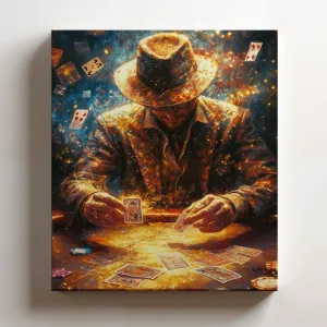 (11 x 14 x 1.25 IN) Gallery Wrapped Canvas Wall Art Print of Impressionism Poster: Player shuffling a deck of cards at an underground poker den - 100% Cotton, Ready to Hang, High-De - 925UNCAh569420WH