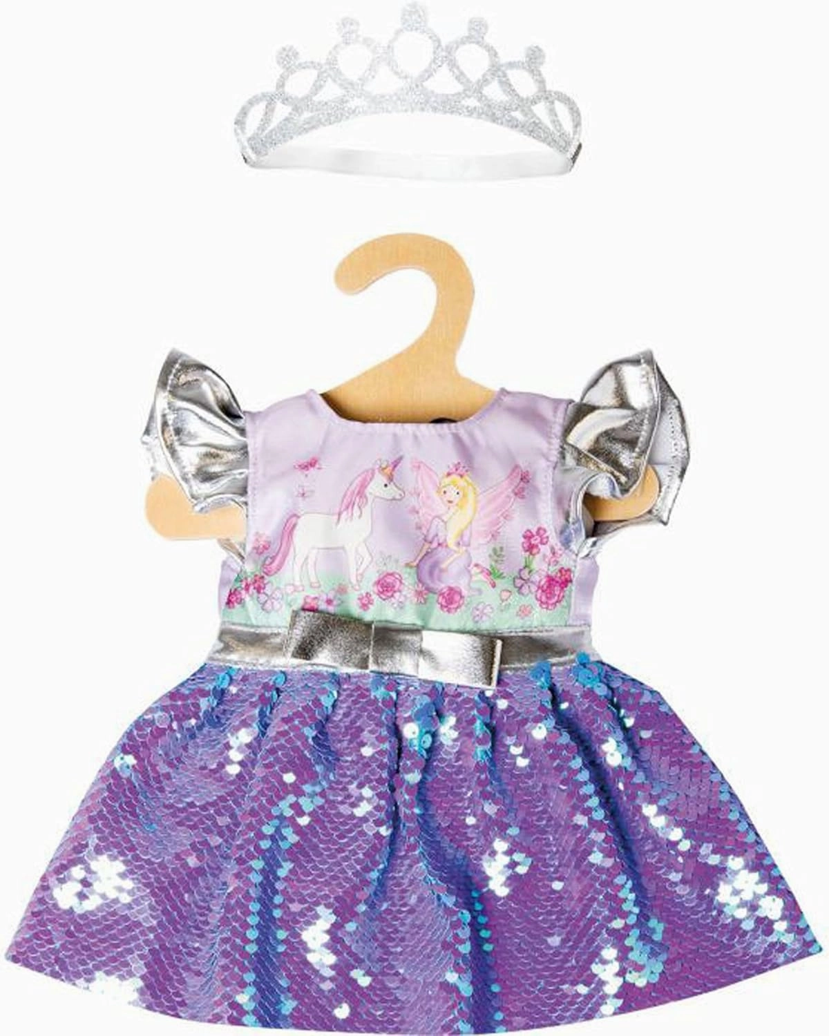 1131-Dress for Dolls Fairy and Unicorn Design with Reversible Sequins and Silver Crown, Size 28-35, 10204919, Multi-Colour