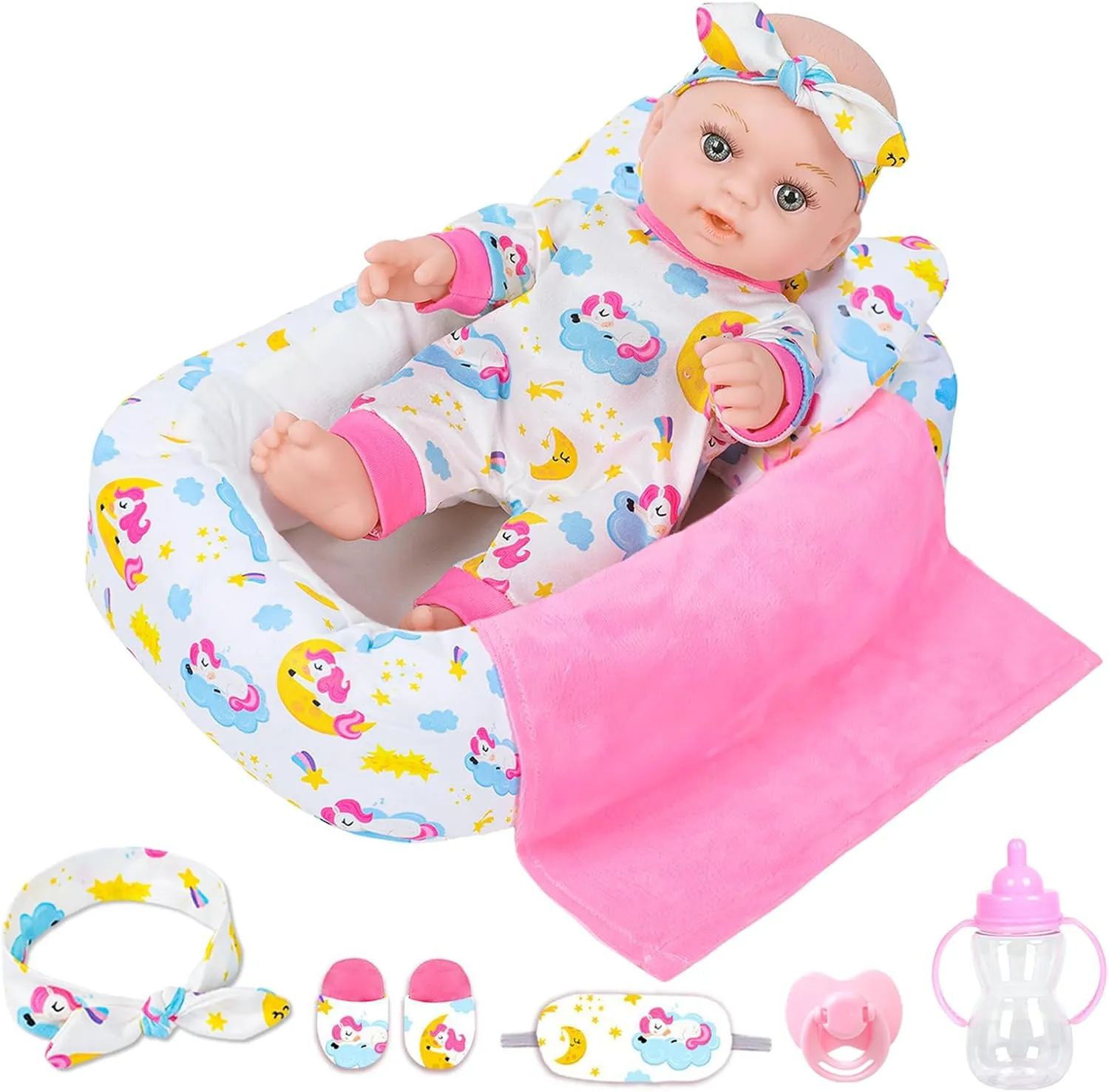 12 Inch Baby Doll With Soft Crib Bassinet Bed,Sleep Time Theme Baby Dolls Set For Girls With Doll Accessories And Clothes Include Bottle Nipple Blanket Eye Mask Slippers Toy Gift For Age 3  Kids