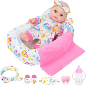 12 Inch Baby Doll With Soft Crib Bassinet Bed,Sleep Time Theme Baby Dolls Set For Girls With Doll Accessories And Clothes Include Bottle Nipple Blanket Eye Mask Slippers Toy Gift For Age 3  Kids
