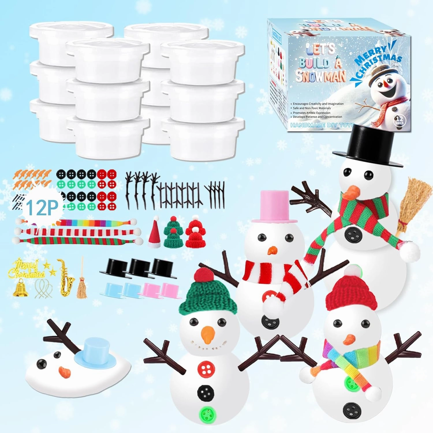 12 Pack Build a Snowman Kit Christmas Crafts Gift for Kids, Xmas Activities Creative Kids Air Dry Modeling Clay Snowman DIY Toys for Holiday Favor Supplies