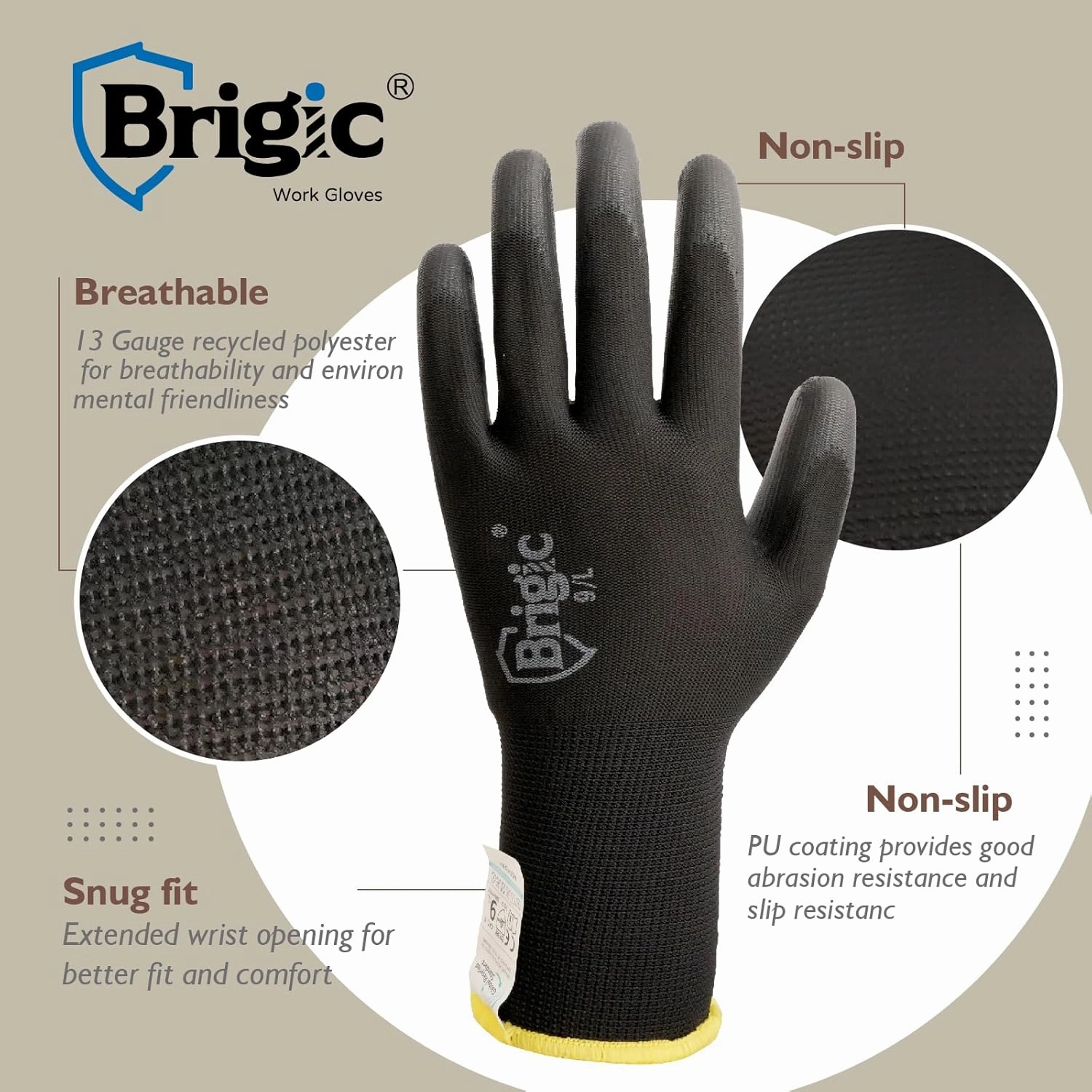 12 Pairs PU Coated Work Gloves, Eco-friendly Work Gloves for Men and Women, Excellent Grip, Bulk Pack Package Black