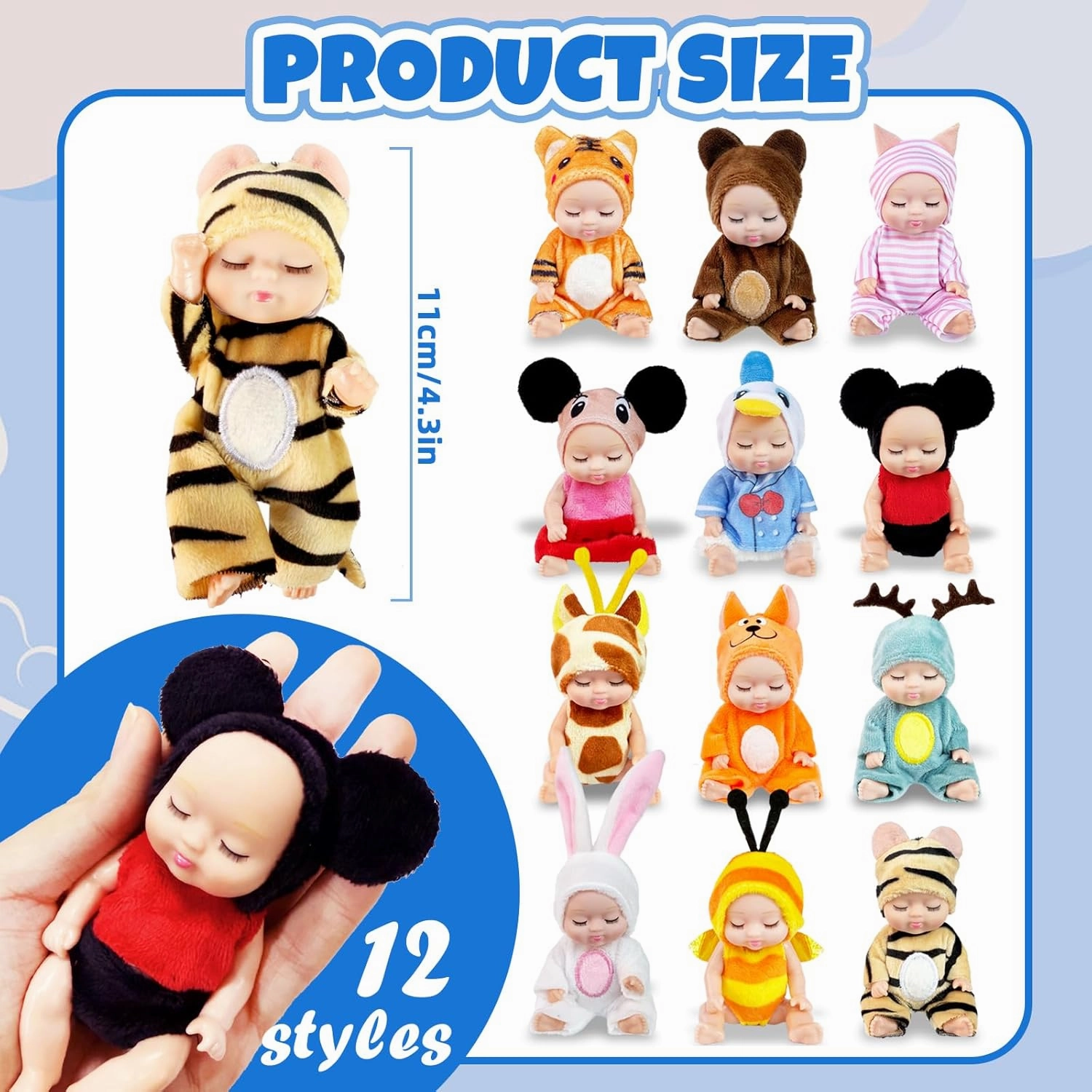 12 Pcs Mini Baby Dolls,4 inch Lifelike Realistic Tiny Baby Dolls with Animal Clothes,Cute Baby Doll Gifts for Girls Kids Birthday Baby Shower