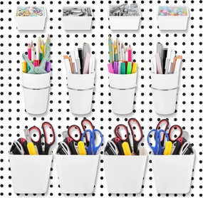 12 Pcs Pegboard Bins with Hooks and Loops Peg Assortment Organizer Accessories Various Tool Organizer Pegboard Baskets Set for Garage Workshop Workbench Office (White)