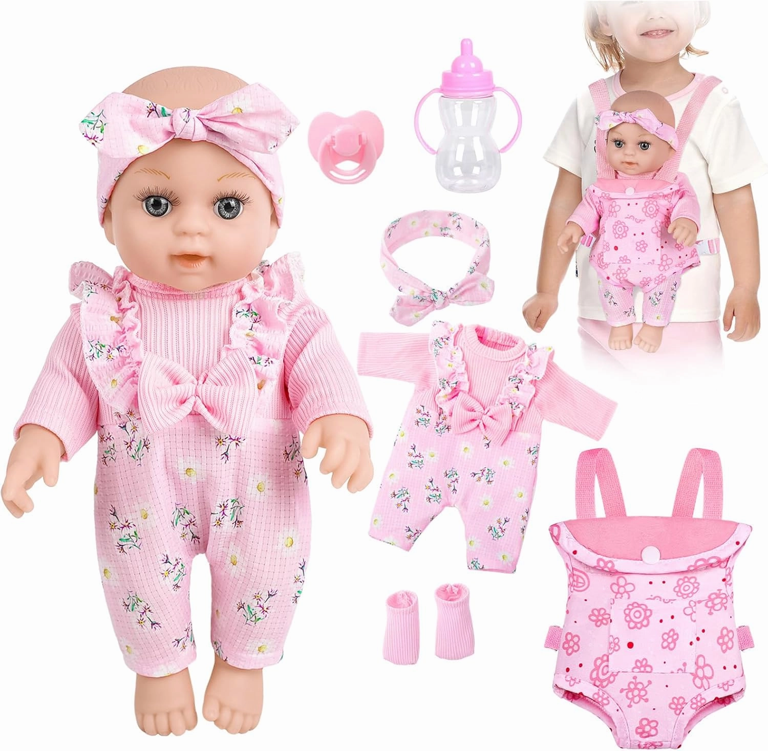 12" Baby Doll Care Gift Set in Box with Dolls Carrier,Baby Dolls with Accessories Include Clothes Socks Bottle and Pacifier Pretend Play Toddler Toys for Kids Age 3 