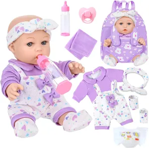 12" Baby Doll with Flower Pattern Backpack Carrier,12 Inch Realistic Baby Dolls with Clothes and Accessories Hanky Pacifier Bottle Diaper Toy Pretend Play Collection for 3  Child Girls Gifts