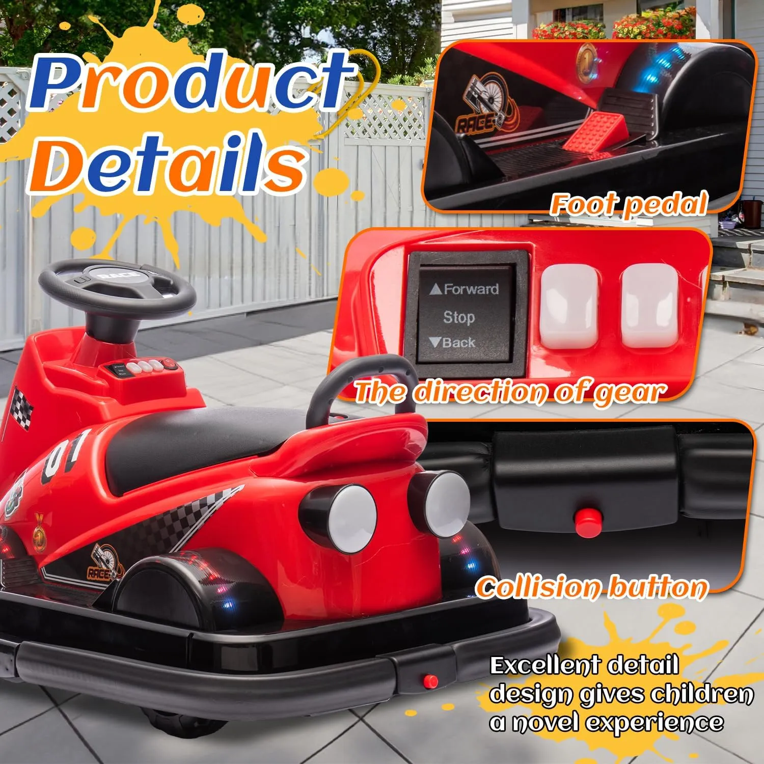 12V Children Riding on Car Bumpers, 360 ° Rotating Children's Electric Passenger Car with Four-Wheel Waterfall Lights, Bumper Car Toy Gift Suitable for Children Aged 3-5 Years Old, Red