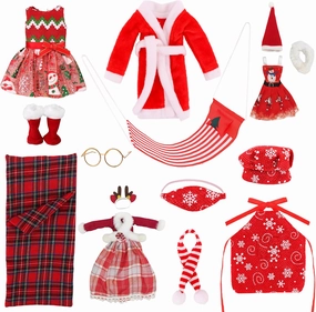 14pcs Christmas Clothes Santa Couture for Elf Accessories Include Sleeping Bag, Scarf, Glasses, Socks Boot, Hammock, Bathrobe, Apron and Chef Cap, Skirt, for Elf Doll Decorations