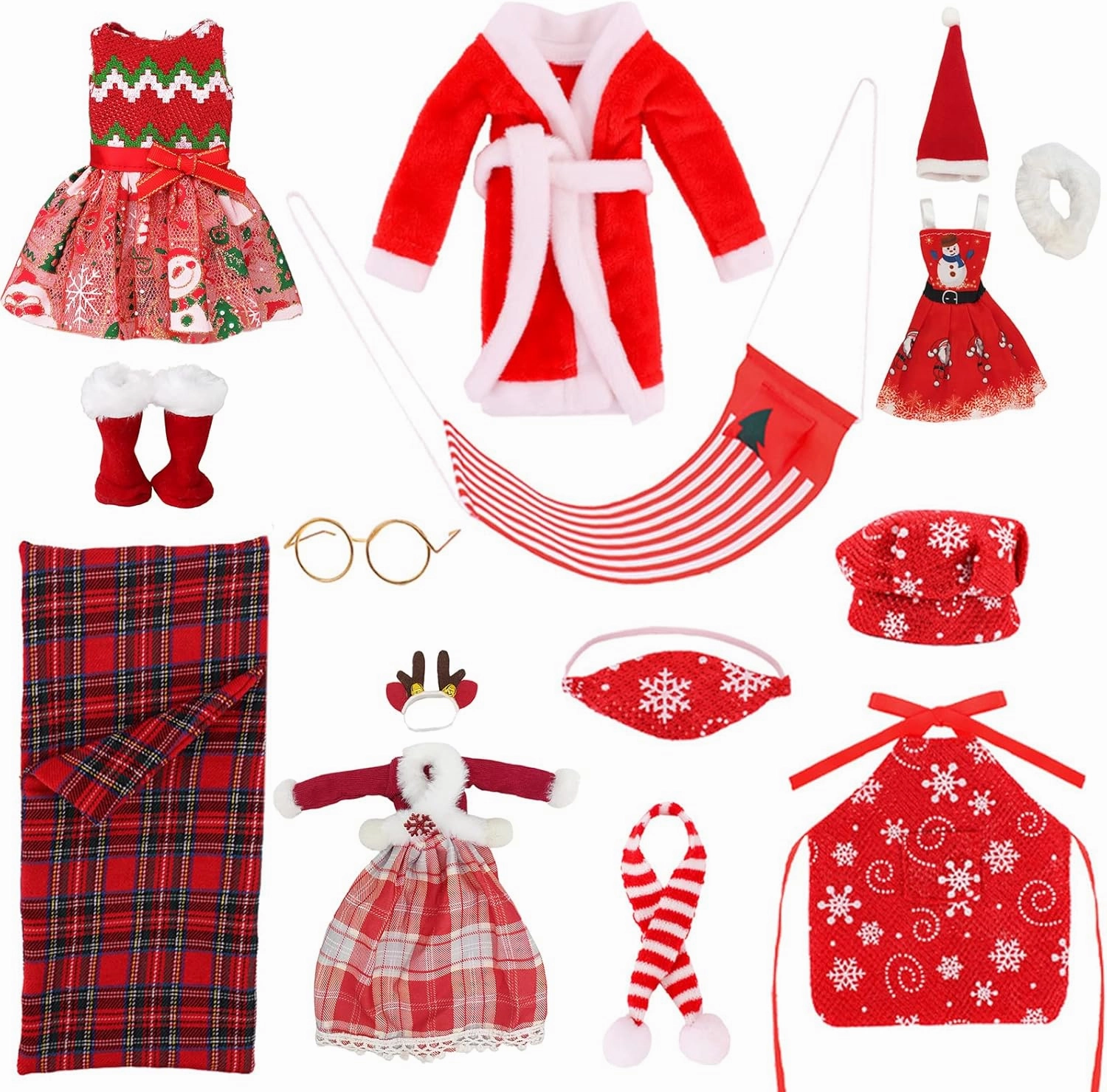 14pcs Christmas Clothes Santa Couture for Elf Accessories Include Sleeping Bag, Scarf, Glasses, Socks Boot, Hammock, Bathrobe, Apron and Chef Cap, Skirt, for Elf Doll Decorations