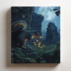 (16 x 20 x 1.25 IN) Gallery Wrapped Canvas Wall Art Print of Realism Poster of a Squirrel Chasing Fireflies in a Moonlit Meadow Surrounded by Ancient Jungle Ruins and Lush Vines - S - 925UNCA0k87708WH