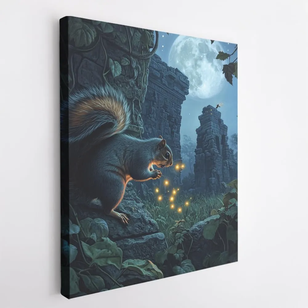(16 x 20 x 1.25 IN) Gallery Wrapped Canvas Wall Art Print of Realism Poster of a Squirrel Chasing Fireflies in a Moonlit Meadow Surrounded by Ancient Jungle Ruins and Lush Vines - S - 925UNCA0k87708WH