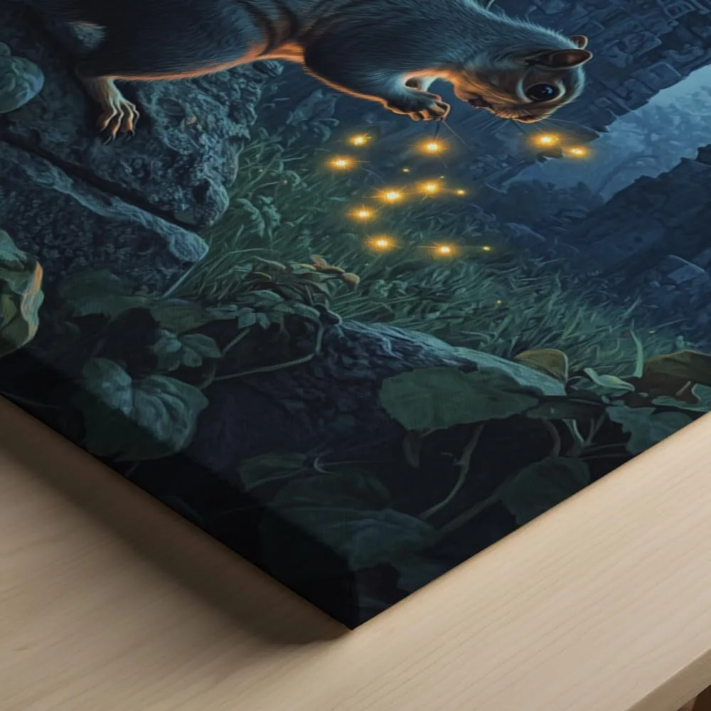 (16 x 20 x 1.25 IN) Gallery Wrapped Canvas Wall Art Print of Realism Poster of a Squirrel Chasing Fireflies in a Moonlit Meadow Surrounded by Ancient Jungle Ruins and Lush Vines - S - 925UNCA0k87708WH