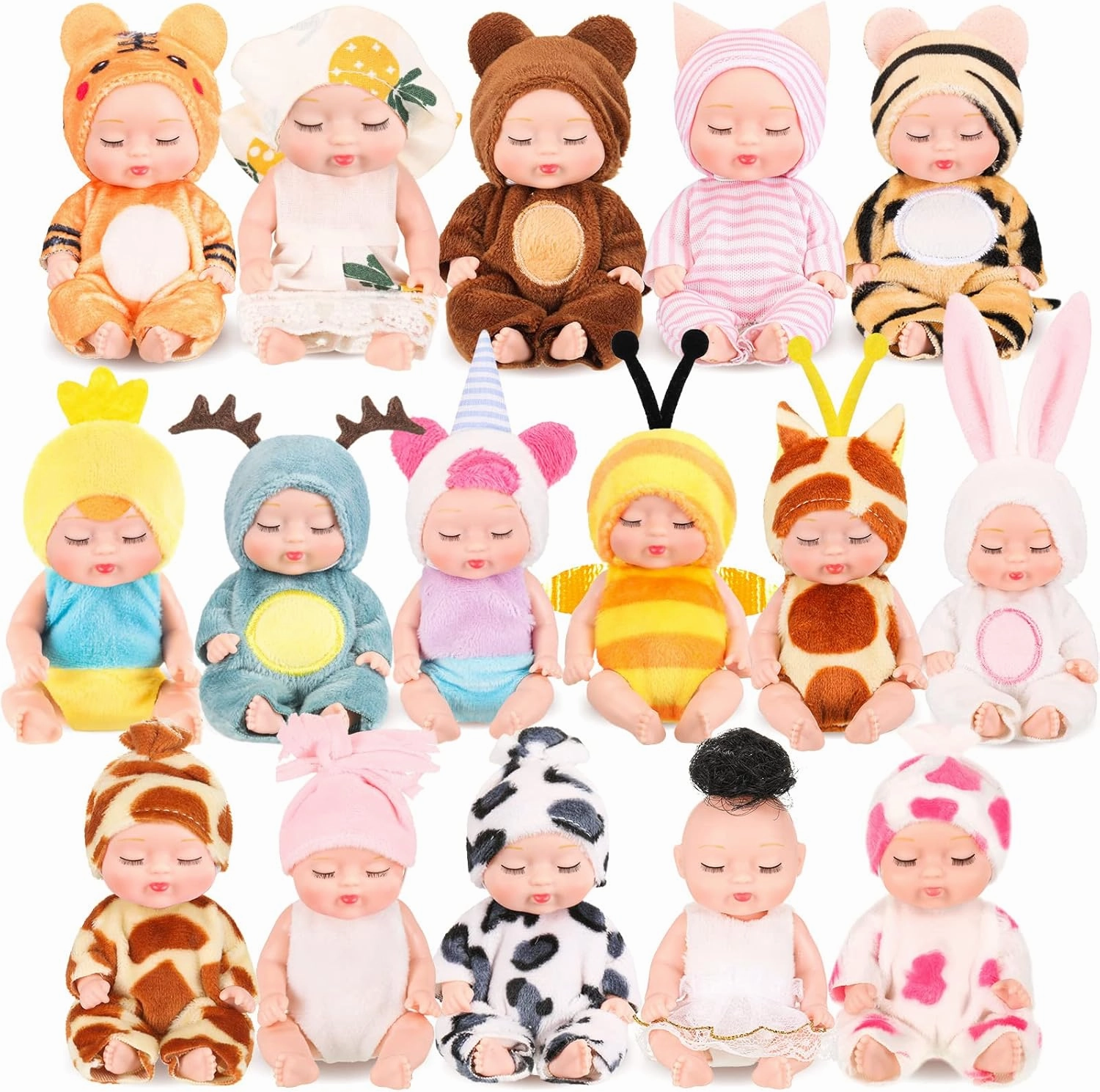 16 Pcs 4 Inch Mini Reborn Baby Dolls Lifelike Realistic Tiny Baby Doll with Animal Clothes Cute Infant Figurine Gifts Set for Teens Girls Boys Toddlers Kids 3  Birthday Gifts Big Fillers