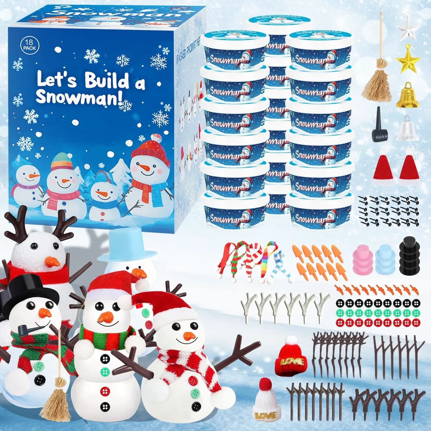 18 Pack Christmas Craft, DIY Snowman kit,Christmas Crafts for Kids,Creative Children Air Dry Modeling Clay,Build a Snowman kit，for Christmas Events，Christmas Game，Toys & Festivals.