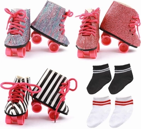 18” Doll Shoes Set, 3 Pairs of Doll Roller Skates 2 Pairs of Socks 18 in American Doll Accessories Fits 18 inch Girl Dolls