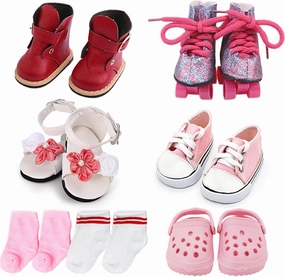 18 Inch Doll Shoes - 5 Pairs of Different Types (Boots/Sneakers/Roller Skates/Sandals/Clogs)   2 Pairs of Socks - Pink/White - Solid - Mixed Themes - Doll Clothing - 1 Count