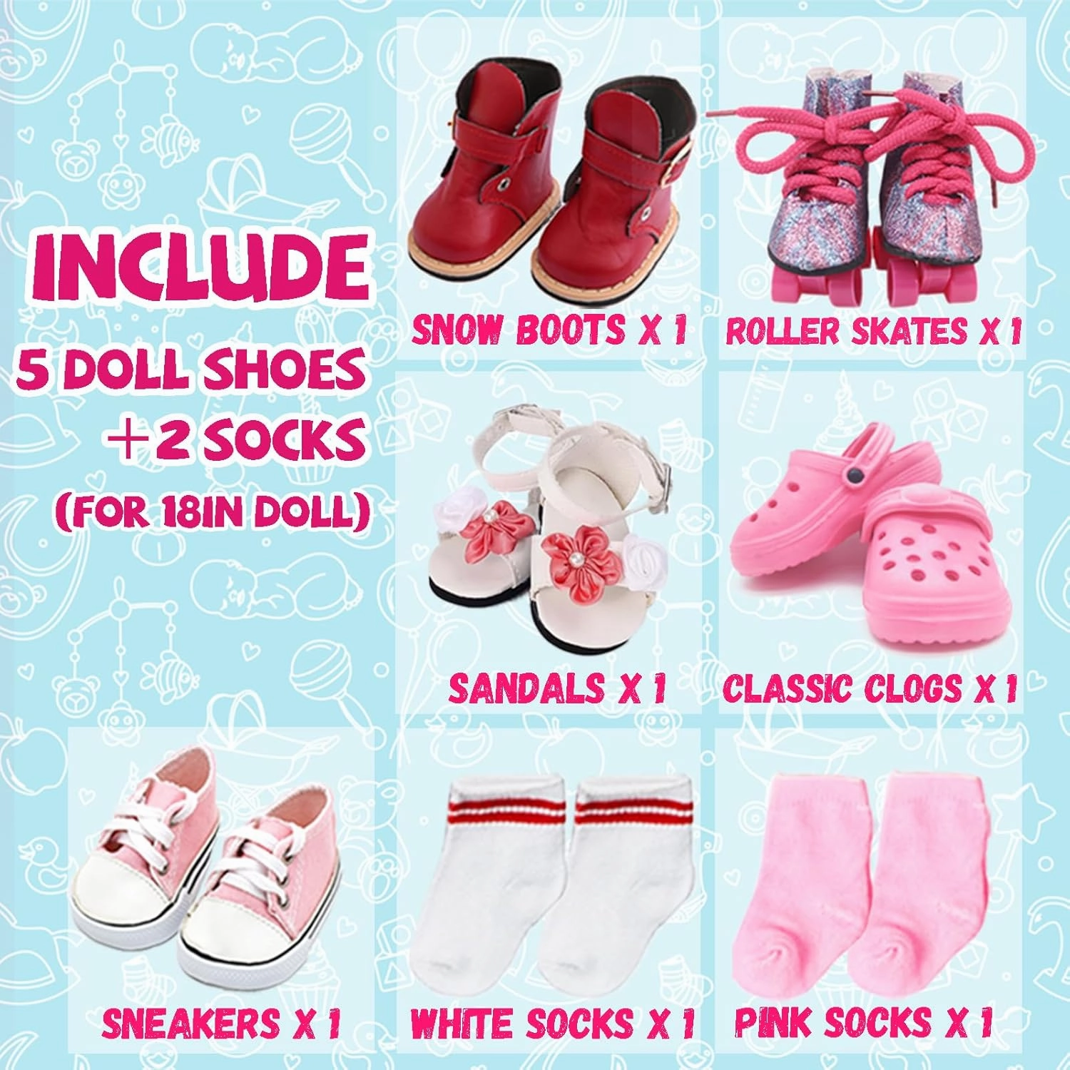 18 Inch Doll Shoes - 5 Pairs of Different Types (Boots/Sneakers/Roller Skates/Sandals/Clogs)   2 Pairs of Socks - Pink/White - Solid - Mixed Themes - Doll Clothing - 1 Count
