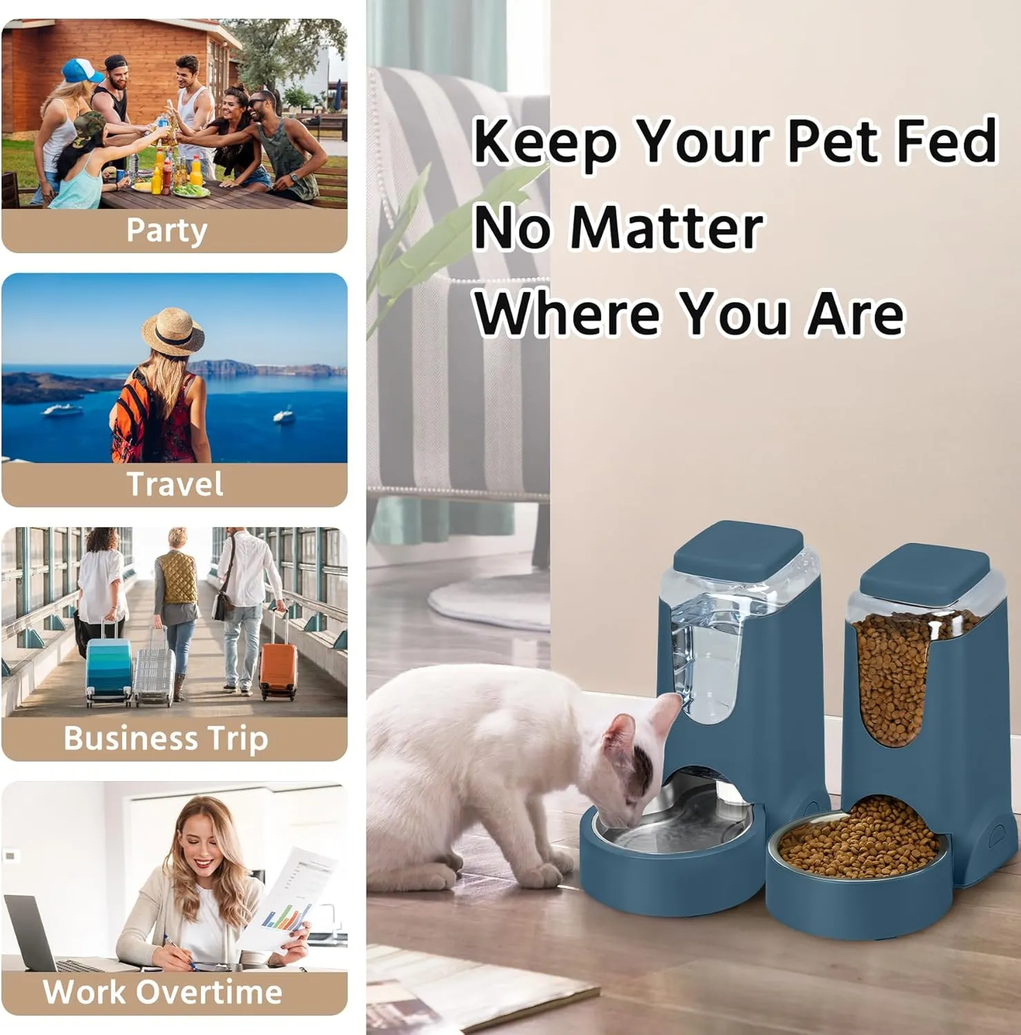 2 Pack Automatic Cat Feeder and Dog Food Feeder, Gravity Stainless Steel Water Dispenser and Waterer Set for Small Medium Puppy Kitten Pets (1 Gallon x 2, Navy Blue)