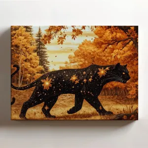 (20 x 16 x 1.25 IN) Gallery Wrapped Canvas Wall Art Print of Ukiyo-e : Celestial Panther with Starry Fur Walking through an Autumn Forest in a Wild Prairie, Capturing Shadowy Enigma - 925UNCAi461803WH