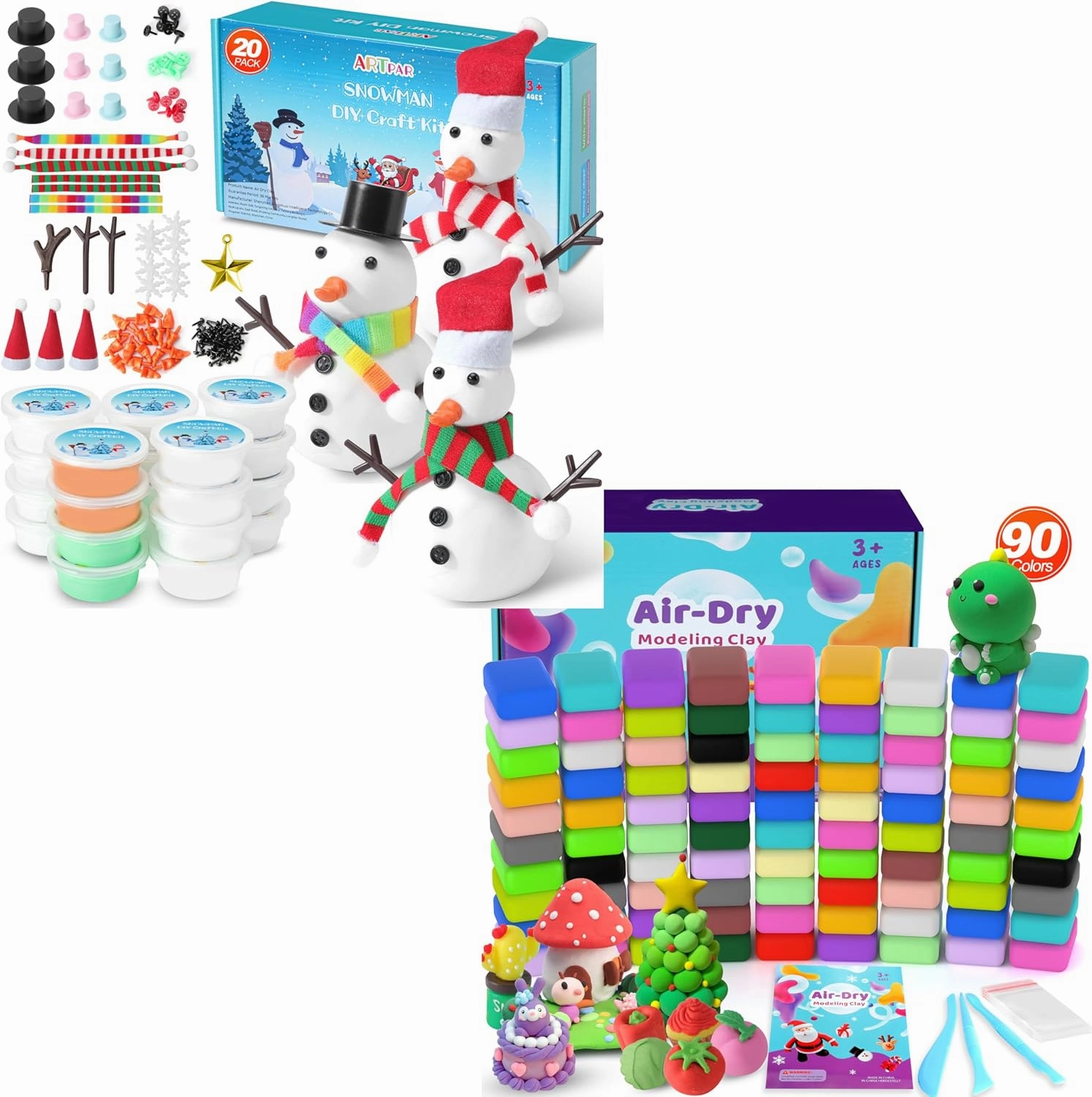 20 Piece Kids Snowman Craft Set with Air Dry Clay 90 Colors, Kids DIY Christmas Crafts, Christmas Activity Snowman Making, DIY Modeling Clay Set, Gifts for 3-12 Boys and Girls