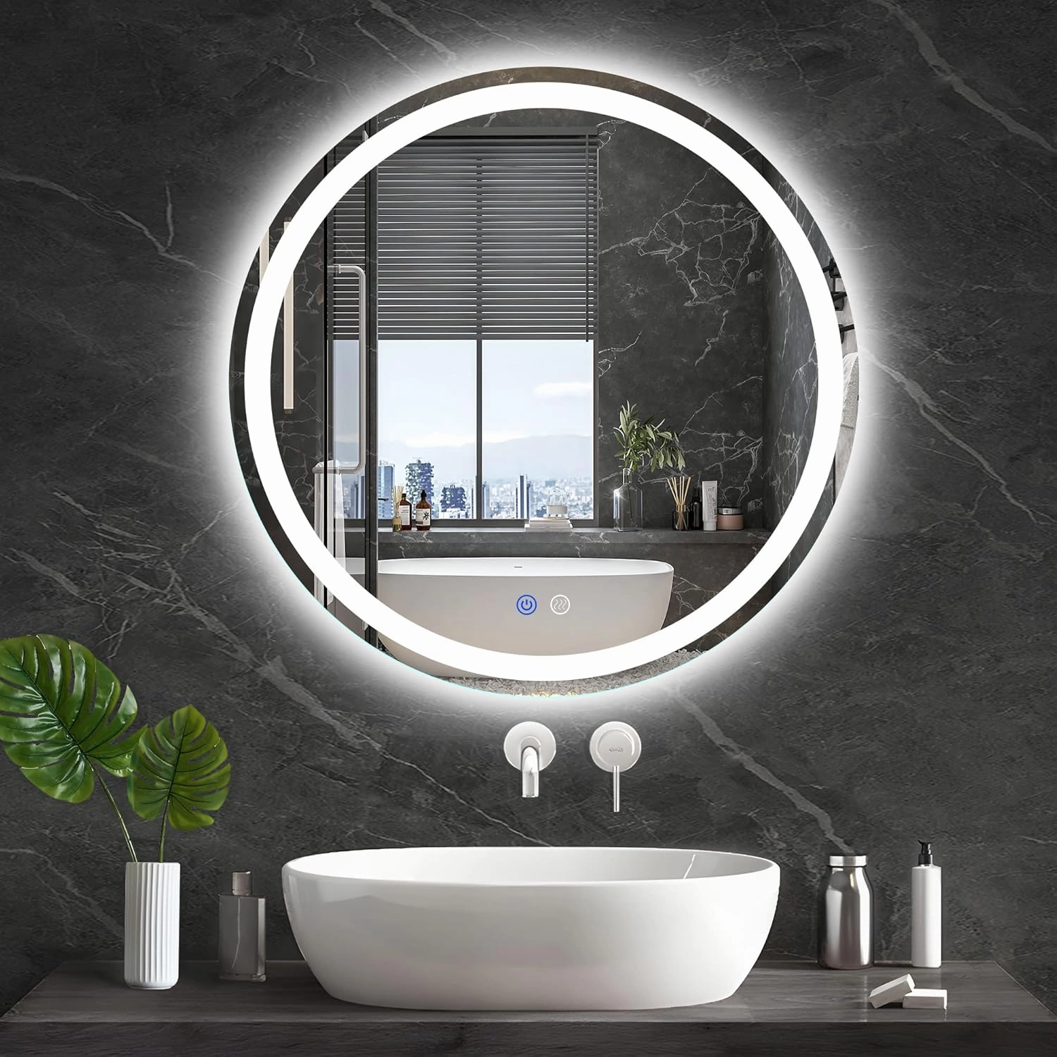 24 Inch LED Round Lighted Mirror, Bathroom Backlit Vanity Mirror Wall Mounted with 3000K/4000K/6000K Adjustable, Anti-Fog, Smart Touch Button, Stepless Dimmable Lighted Makeup Mirror