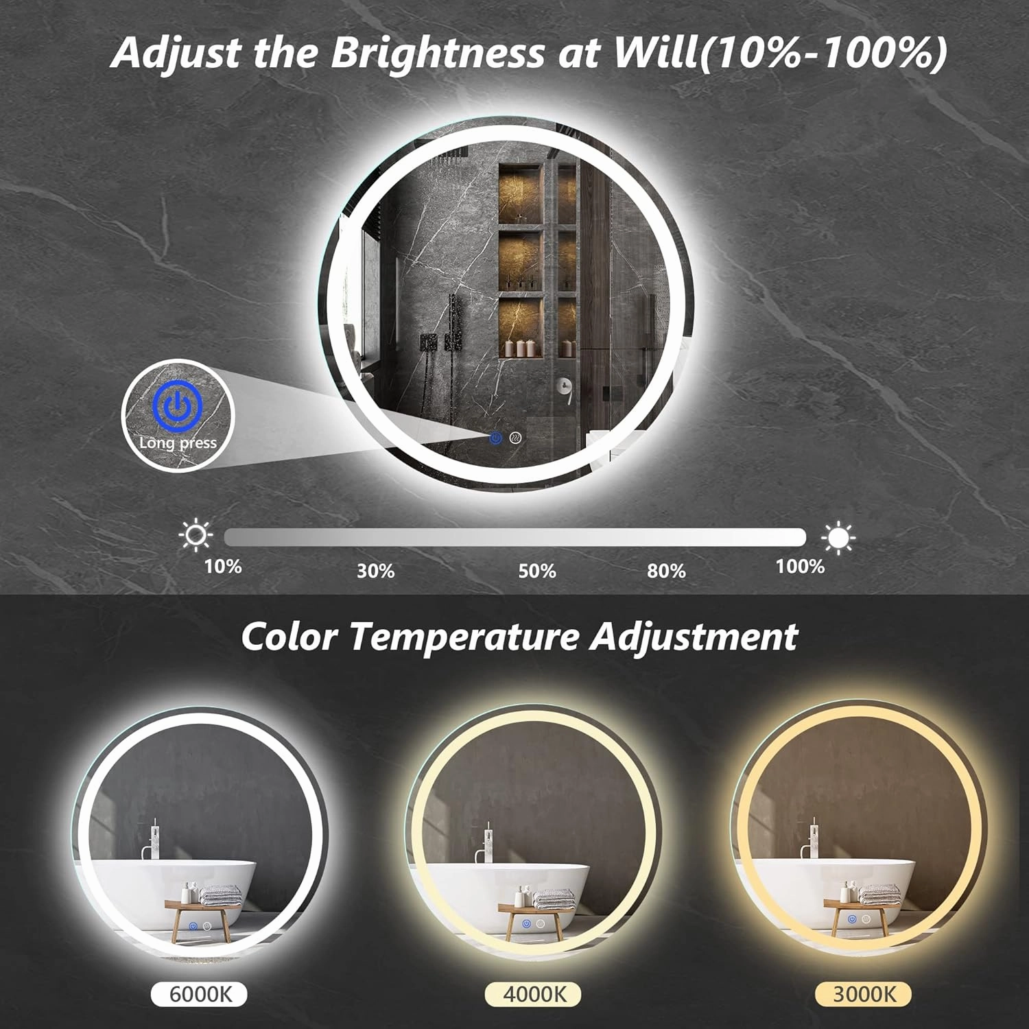24 Inch LED Round Lighted Mirror, Bathroom Backlit Vanity Mirror Wall Mounted with 3000K/4000K/6000K Adjustable, Anti-Fog, Smart Touch Button, Stepless Dimmable Lighted Makeup Mirror