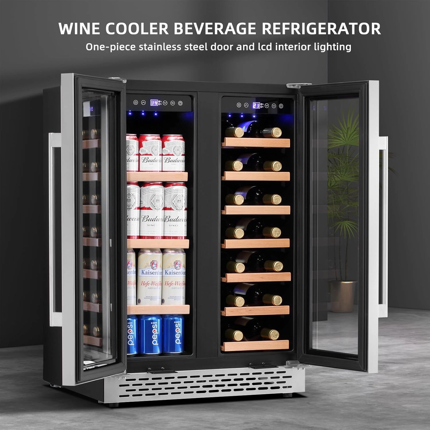 24 Inch Wine and Beverage Refrigerator Under Counter, Dual Zone 20 Bottles & 88 Cans Beverage Fridge with Stainless Steel Tempered Glass Door, Built-in/Freestanding Mini Fridge for Office/Bar/Kitchen