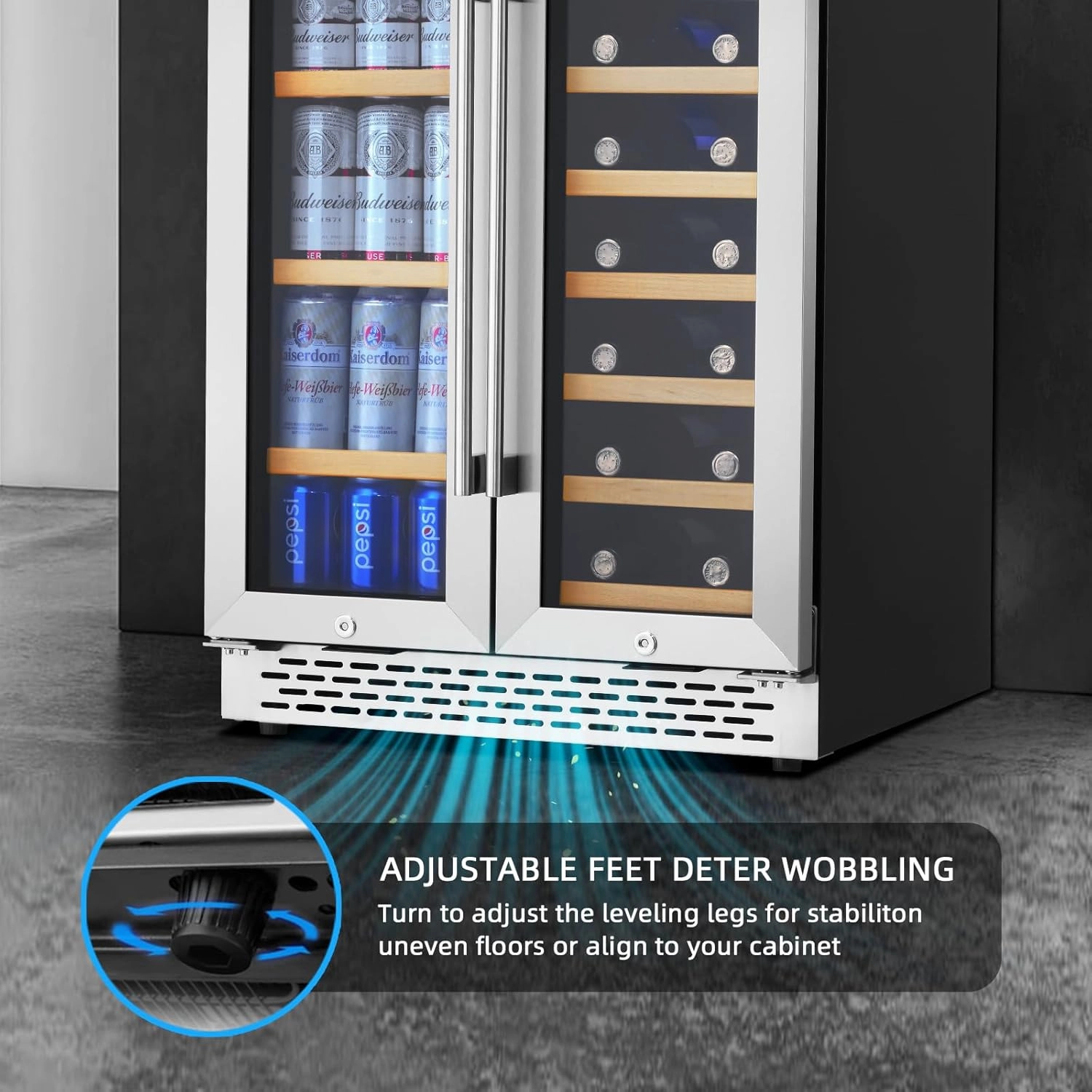 24 Inch Wine and Beverage Refrigerator Under Counter, Dual Zone 20 Bottles & 88 Cans Beverage Fridge with Stainless Steel Tempered Glass Door, Built-in/Freestanding Mini Fridge for Office/Bar/Kitchen