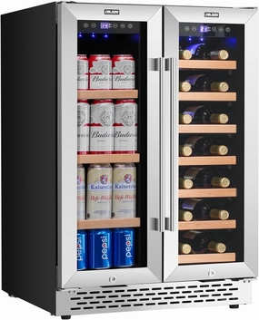 24 Inch Wine and Beverage Refrigerator Under Counter, Dual Zone 20 Bottles & 88 Cans Beverage Fridge with Stainless Steel Tempered Glass Door, Built-in/Freestanding Mini Fridge for Office/Bar/Kitchen