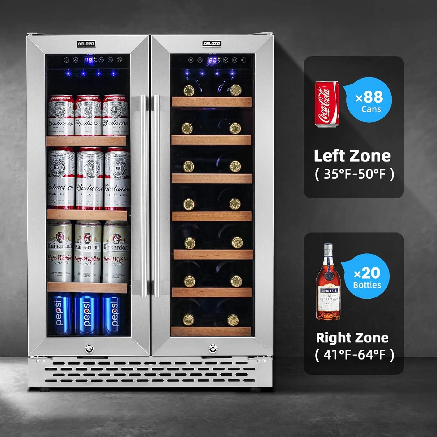 24 Inch Wine and Beverage Refrigerator Under Counter, Dual Zone 20 Bottles & 88 Cans Beverage Fridge with Stainless Steel Tempered Glass Door, Built-in/Freestanding Mini Fridge for Office/Bar/Kitchen
