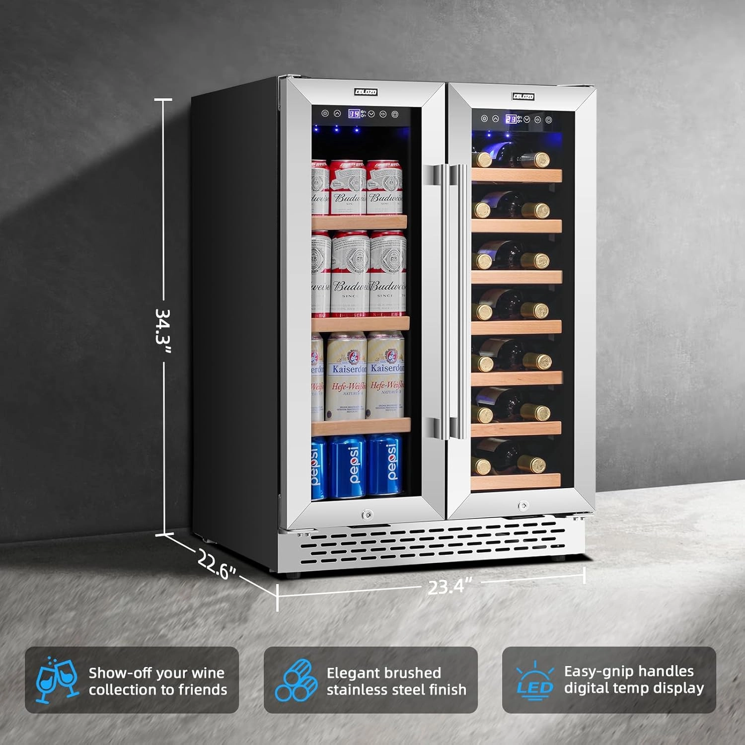 24 Inch Wine and Beverage Refrigerator Under Counter, Dual Zone 20 Bottles & 88 Cans Beverage Fridge with Stainless Steel Tempered Glass Door, Built-in/Freestanding Mini Fridge for Office/Bar/Kitchen