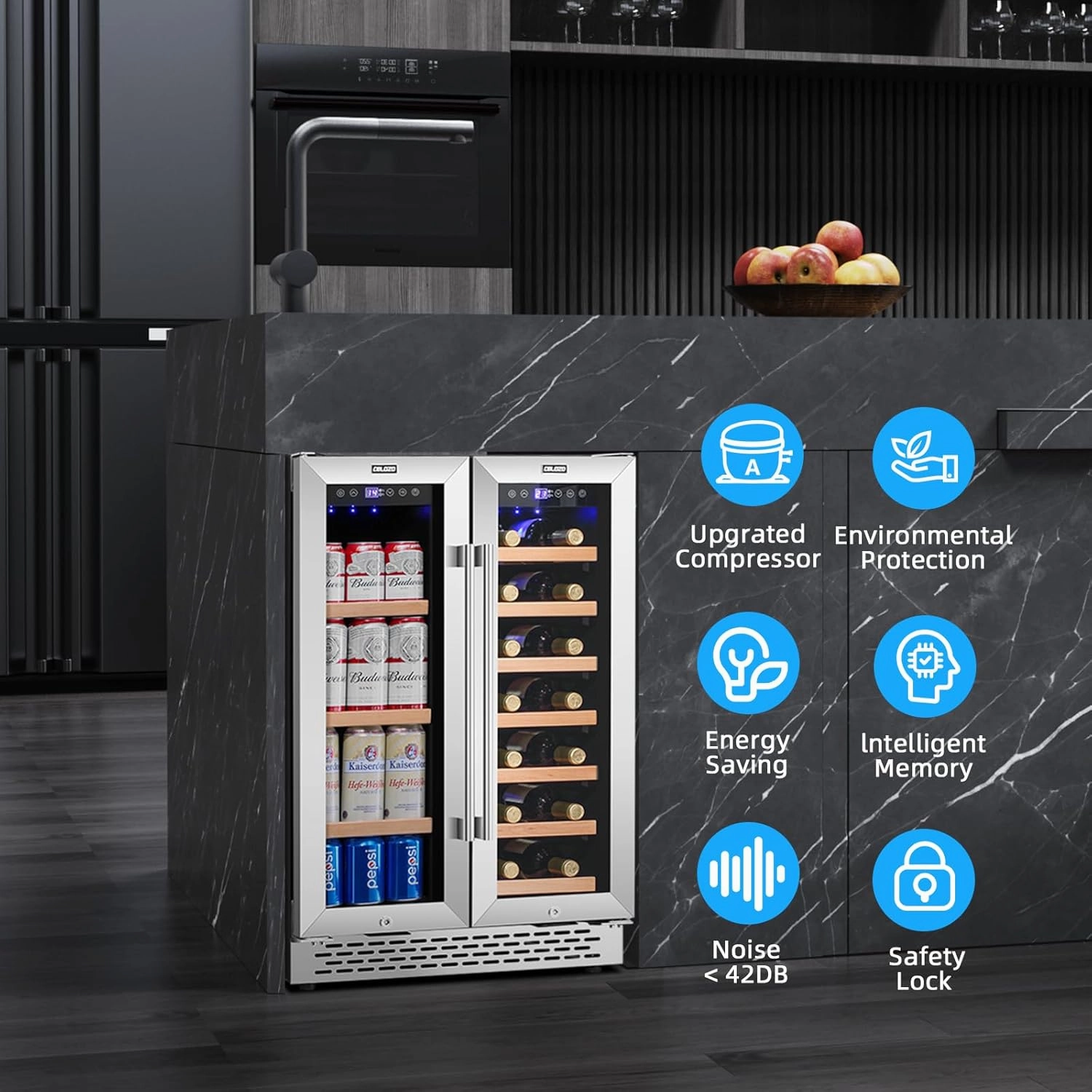 24 Inch Wine and Beverage Refrigerator Under Counter, Dual Zone 20 Bottles & 88 Cans Beverage Fridge with Stainless Steel Tempered Glass Door, Built-in/Freestanding Mini Fridge for Office/Bar/Kitchen